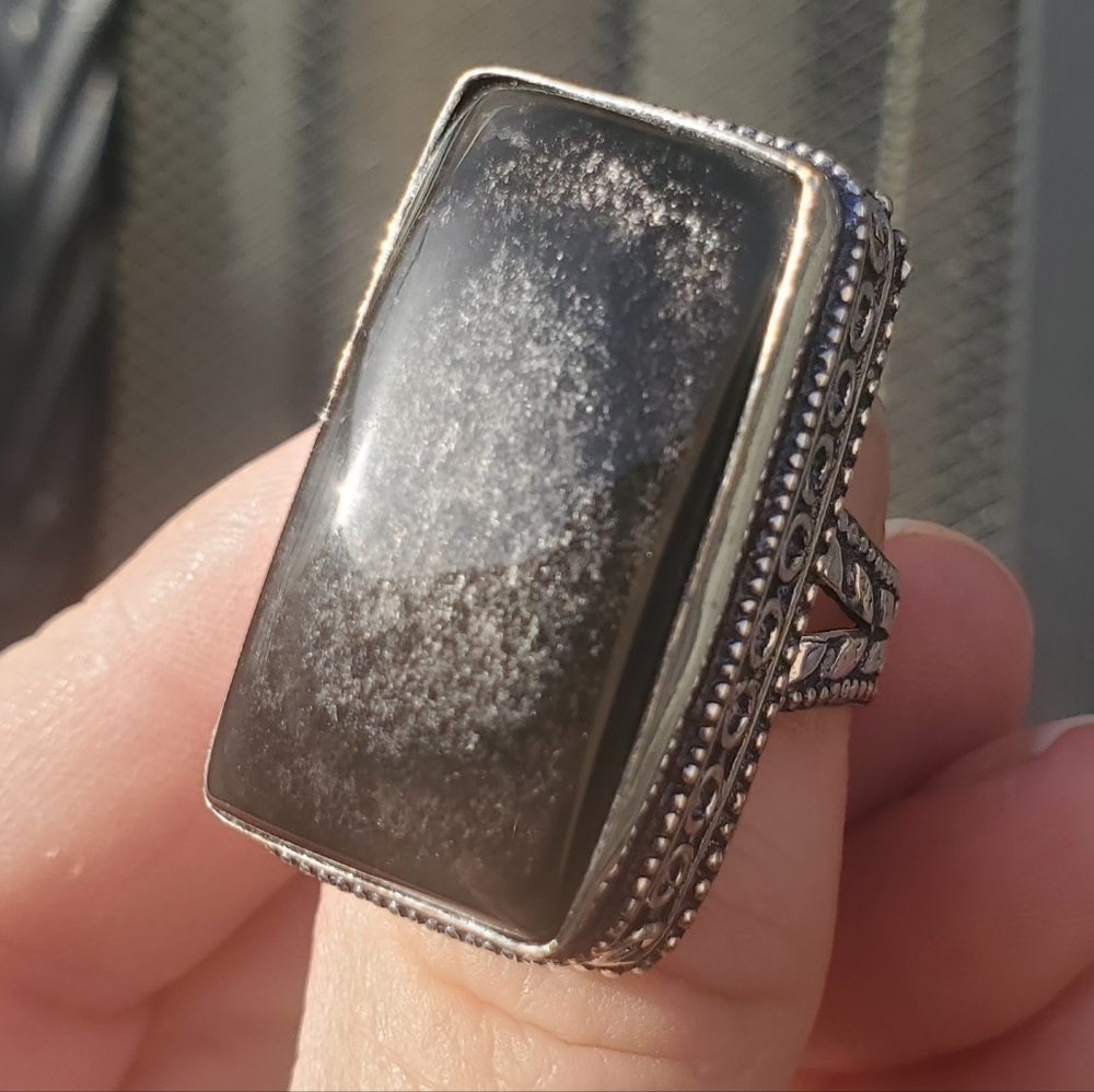 New Silver Sheen Obsidian 925 Silver Statement Ring.